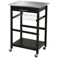 Homcom Kitchen Island Cart Rolling Trolley Utility Serving Cart With Stainless Steel Tabletop, Wine Rack & Drawer Black Pine