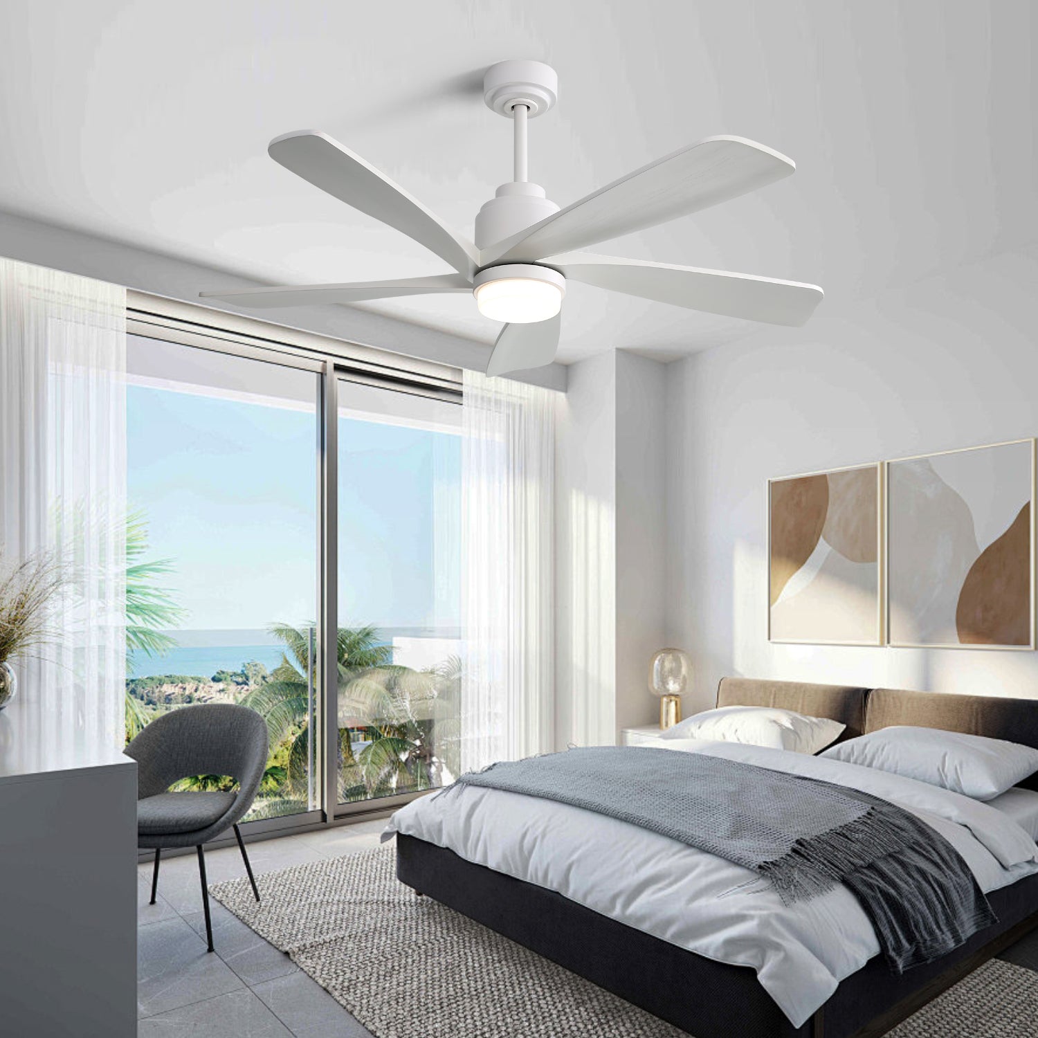 52 Inch Modern Ceiling Fan With Dimmable Led Light 5 Solid Wood Blades Smart Remote Control Reversible Dc Motor White Metal & Wood