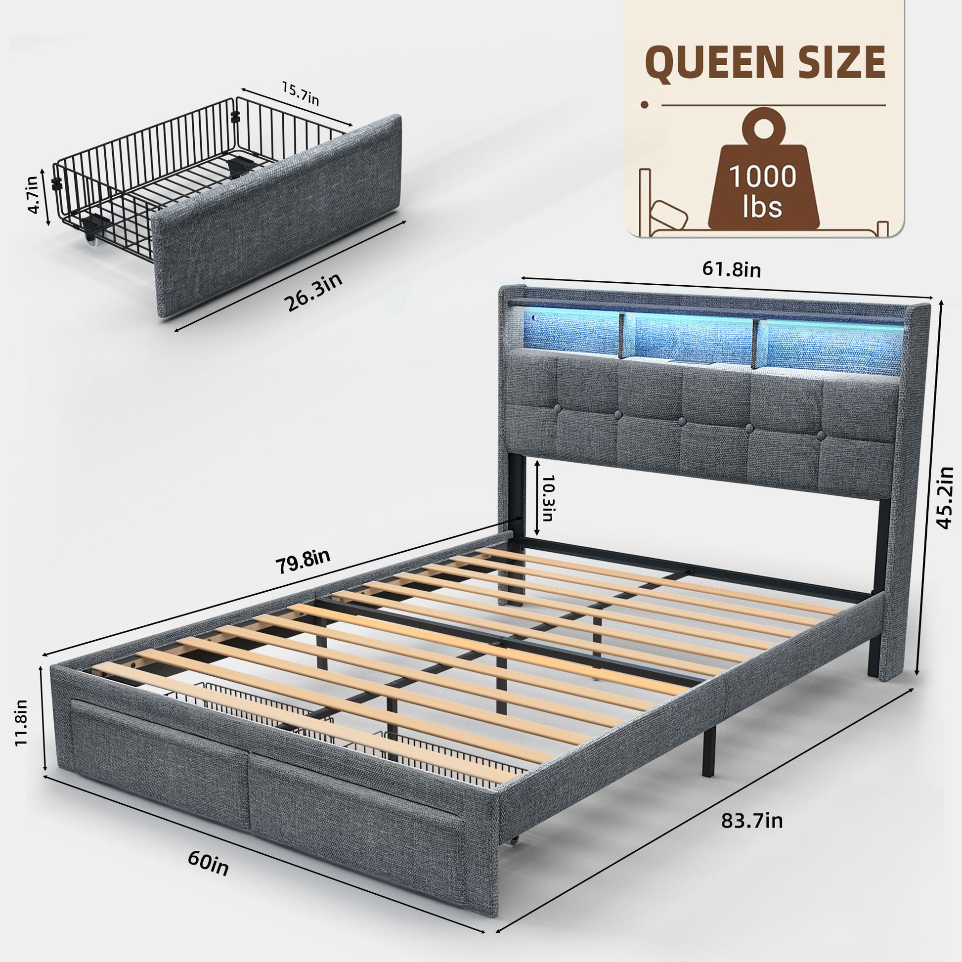 Bed 778Queen Lg Clb Queen Light Gray Wood Fabric