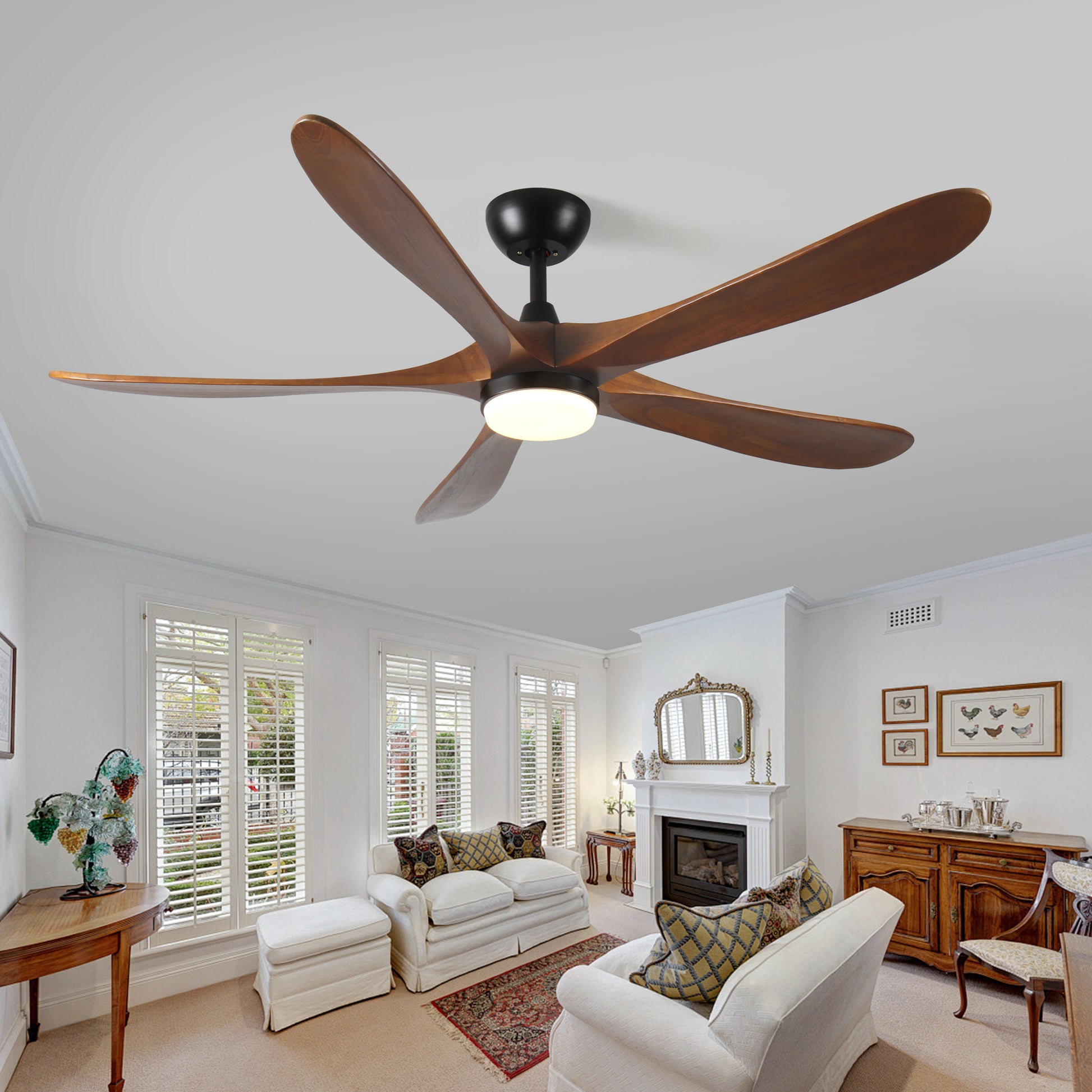 62 Inch Solid Wood With Remote Control With Light Led Modern Dc Dc Motor Indoor Outdoor 5 Blade Ceiling Fan For Patios, Bedrooms And Farmhouses Antique Brown Solid Wood