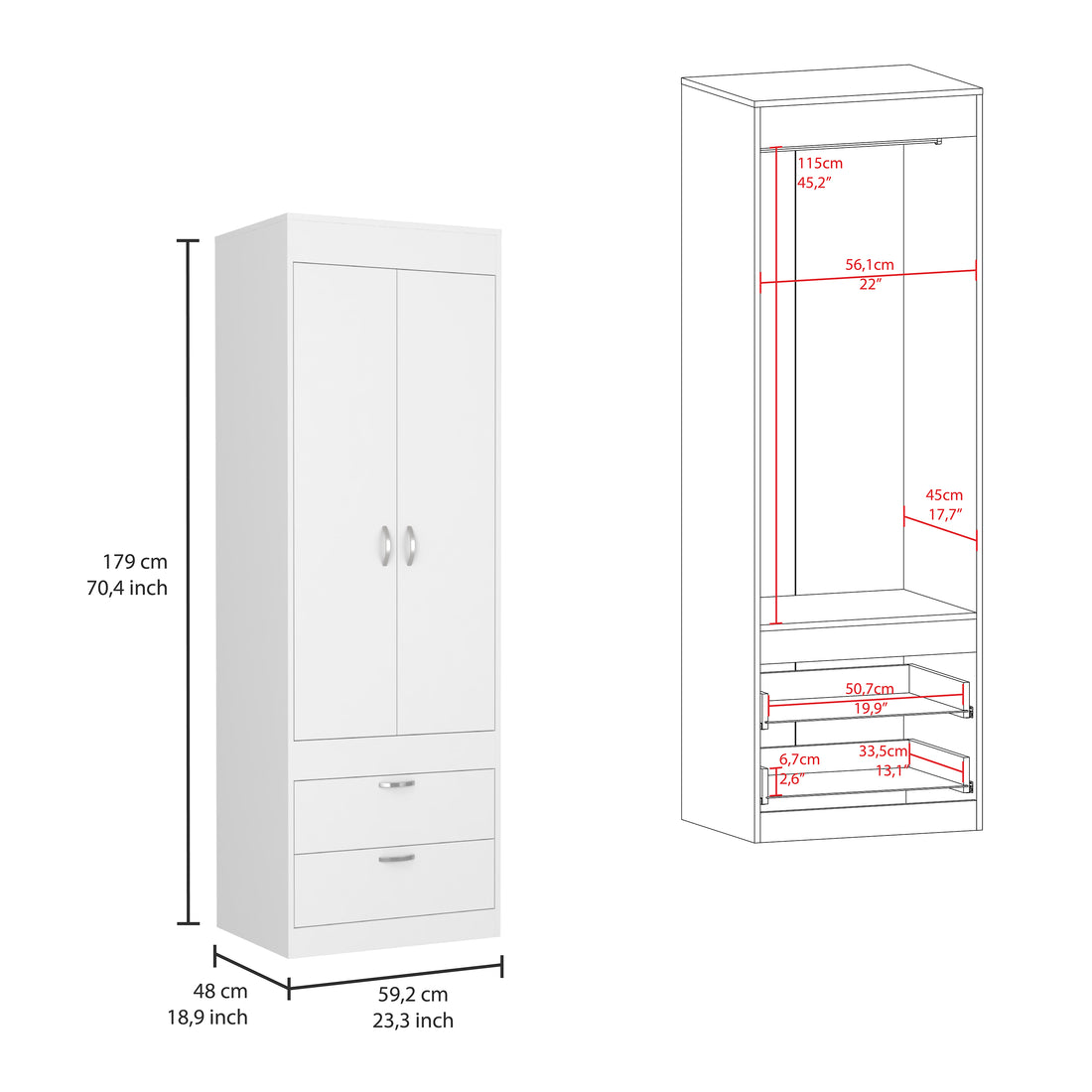 Alabama Armoire, One Large Cabinet, Two Drawers White Bedroom Modern Mdf Engineered Wood