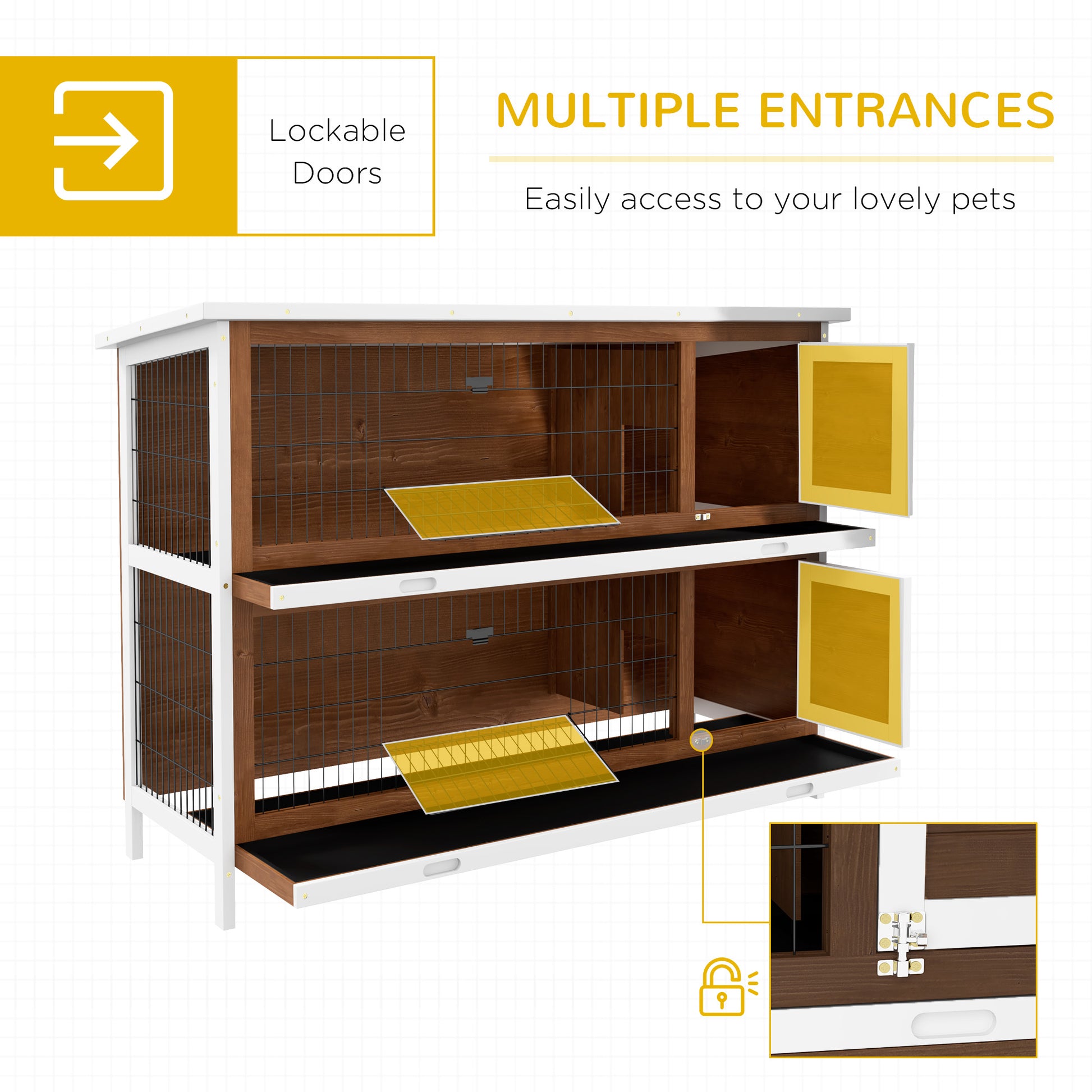 Pawhut 54" 2 Story Large Rabbit Hutch Bunny Cage Wooden Pet House Small Animal Habitat With Lockable Doors, No Leak Tray And Waterproof Roof For Outdoor Indoor Brown Coffee Wood