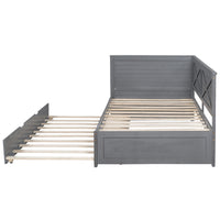 Twin Size Wood Daybed With Trundle And Rustic Guardrail, Ancient Grey Box Spring Not Required Twin Grey Wood Bedroom Solid Wood Mdf