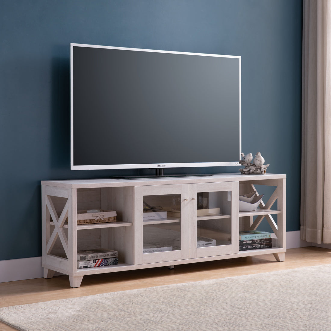 White Oak Tv Stand With Four Side Shelves And Center Transparent Cabinet Craftsman Style Entertainment Center White Oak 60 69 Inches Mdf