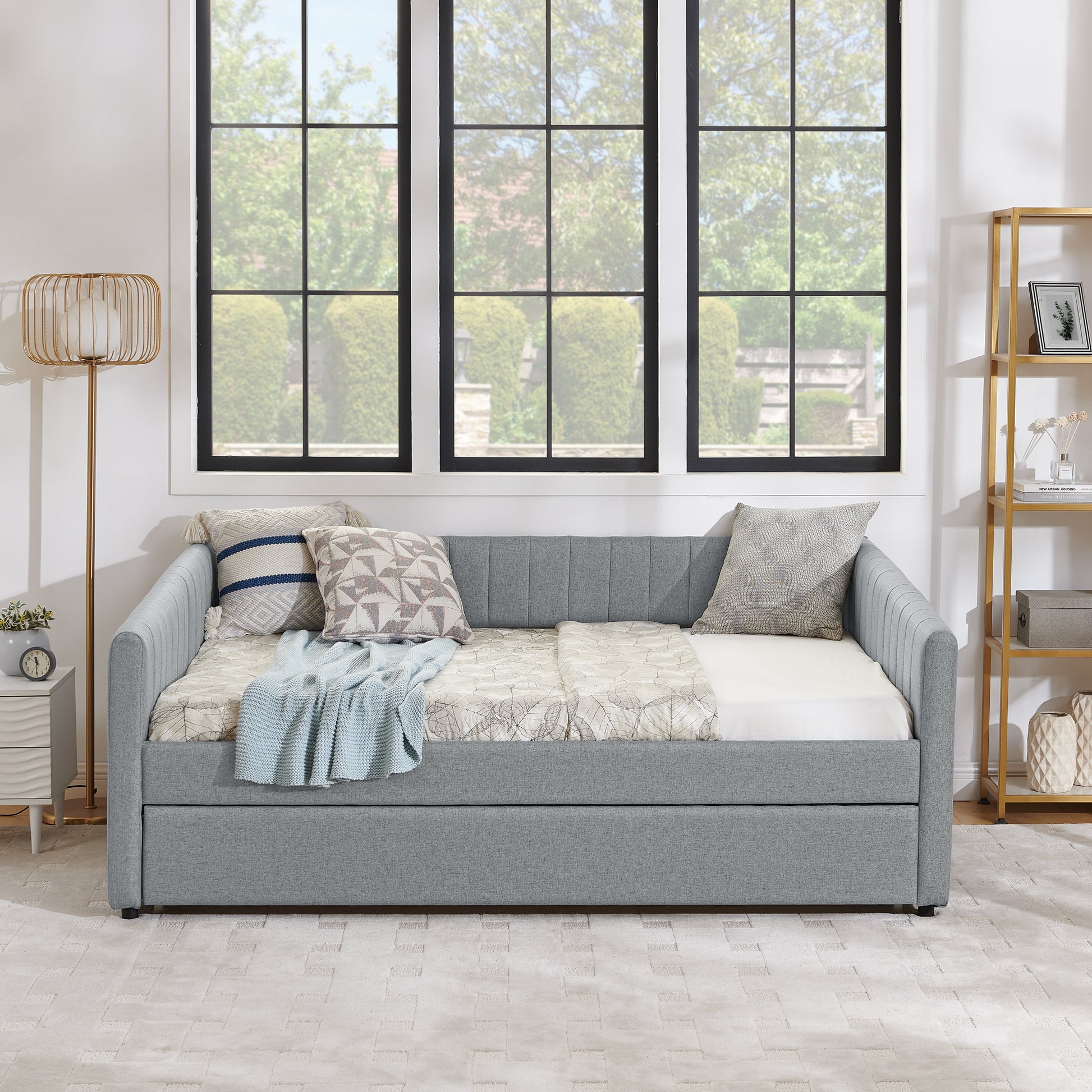 Full Size Daybed With Trundle Upholstered Sofa Bed, With Vertical Stripes, Linen Fabric, Grey 82.5"X58"X30" Grey Linen