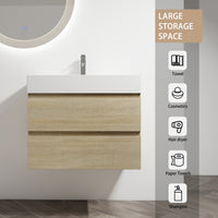 30" Wall Mounted Bathroom Vanity With Resin Sink, 2 Soft Close Drawers, Kd Package 2 Light Oak Bathroom Wall Mounted Modern Plywood