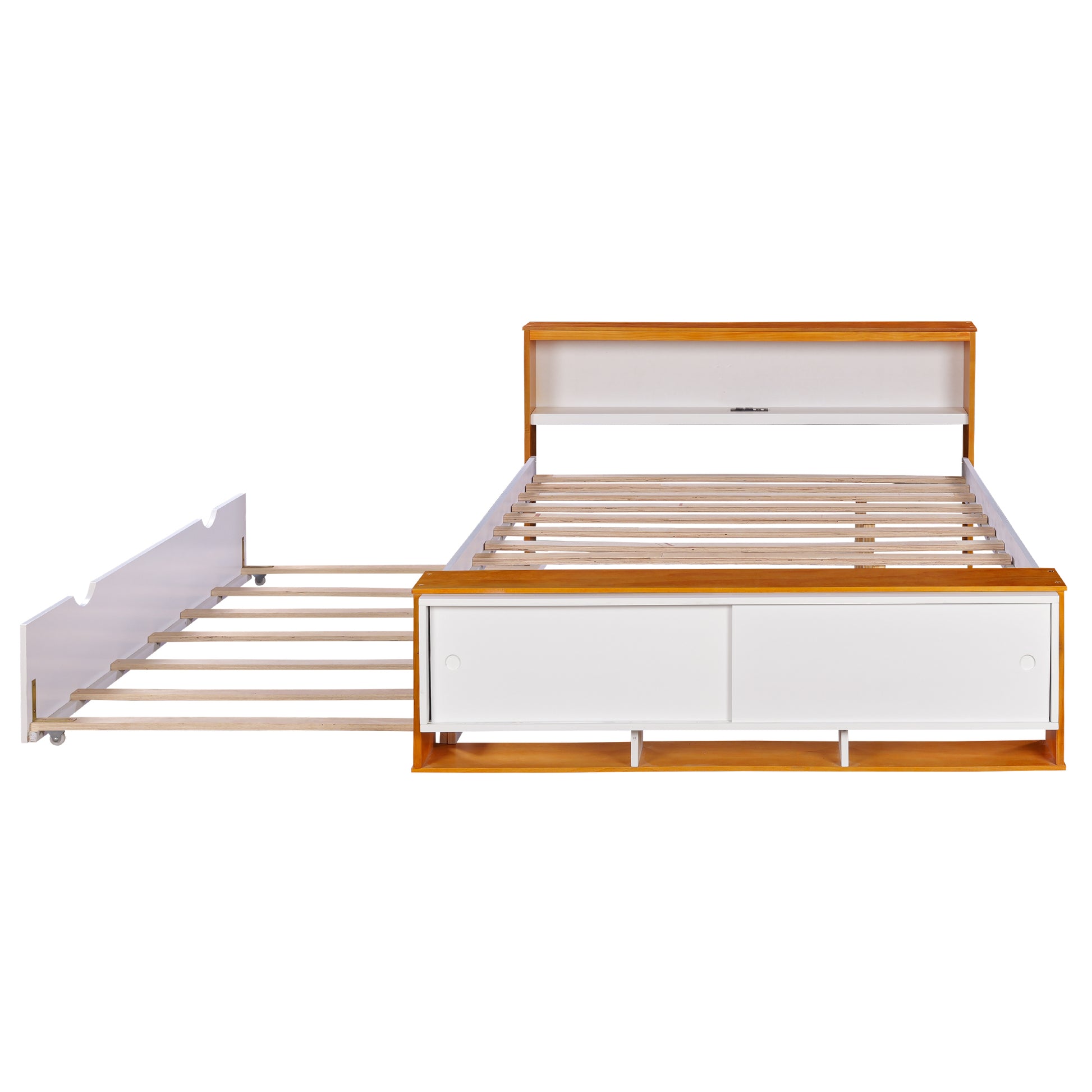 Full Size Platform Bed With Trundle,Storage Headboard And Footboard,Usb Charging Design,White Natural Full White Natural Solid Wood Mdf