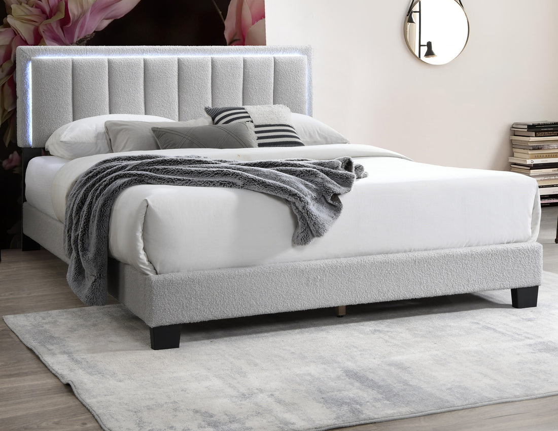 Light Gray Wool Fabric 1Pc Queen Size Bed Channel Tufting W Led Full Upholstered Bedframe Bedroom Bed Box Spring Not Required Queen Light Gray Wood Bedroom Contemporary,Modern Bed Frame Wool