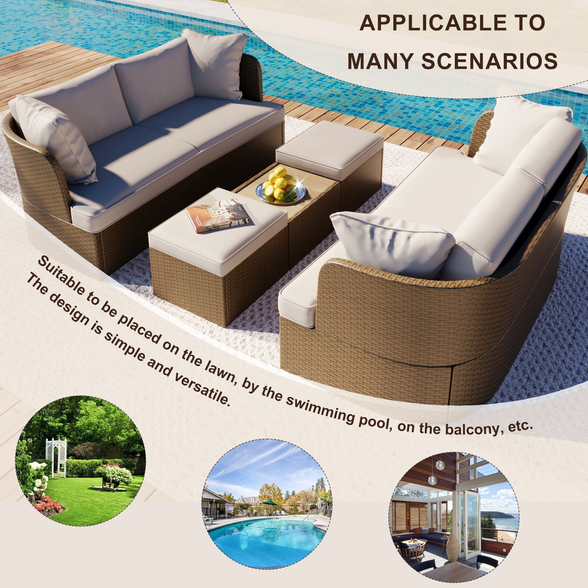 Customizable Outdoor Patio Furniture Set, Wicker Furniture Sofa Set With Thick Cushions, Suitable For Backyard, Porch. Yes Beige Garden & Outdoor Complete Patio Sets Hdpe