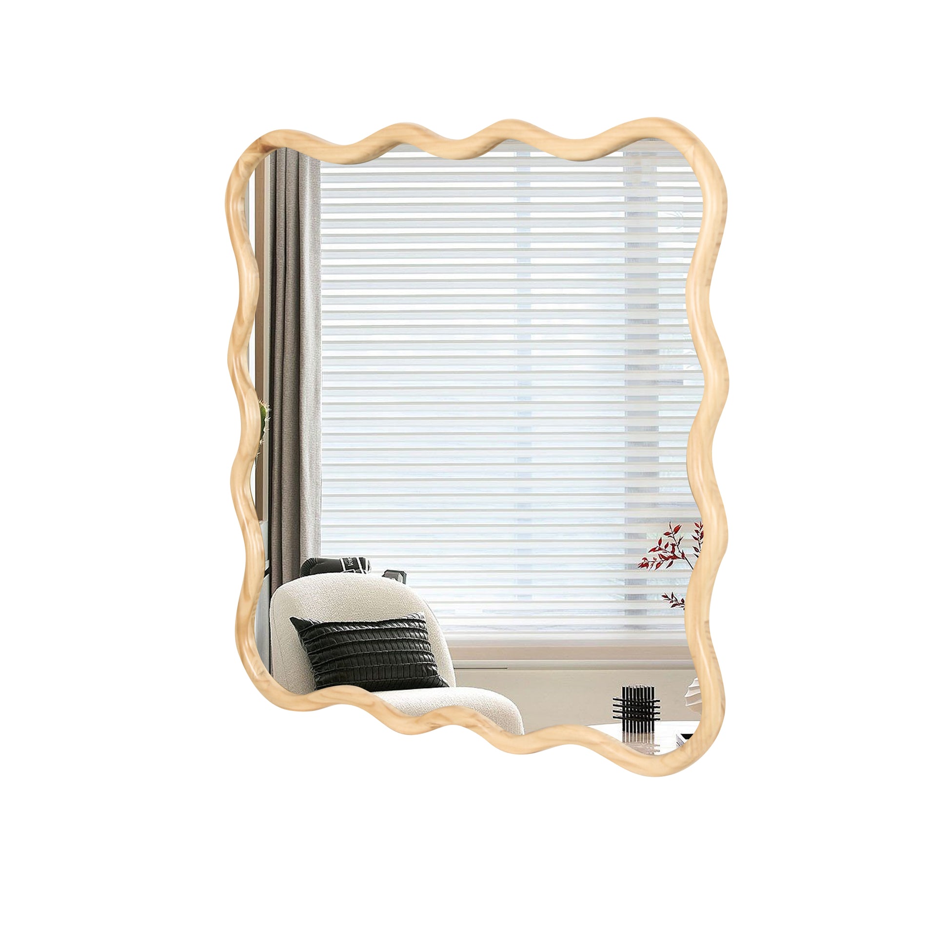 Solid Wood Wavy Square Mirror Natural Wood 36" X 36" Modern Mirror Wall Decor For Bathroom, Bedroom, Living Room, Dining Room, Cloakroom, Entryway Square Framed Natural Wood Living Room Large 33In 40In Glass Solid Wood