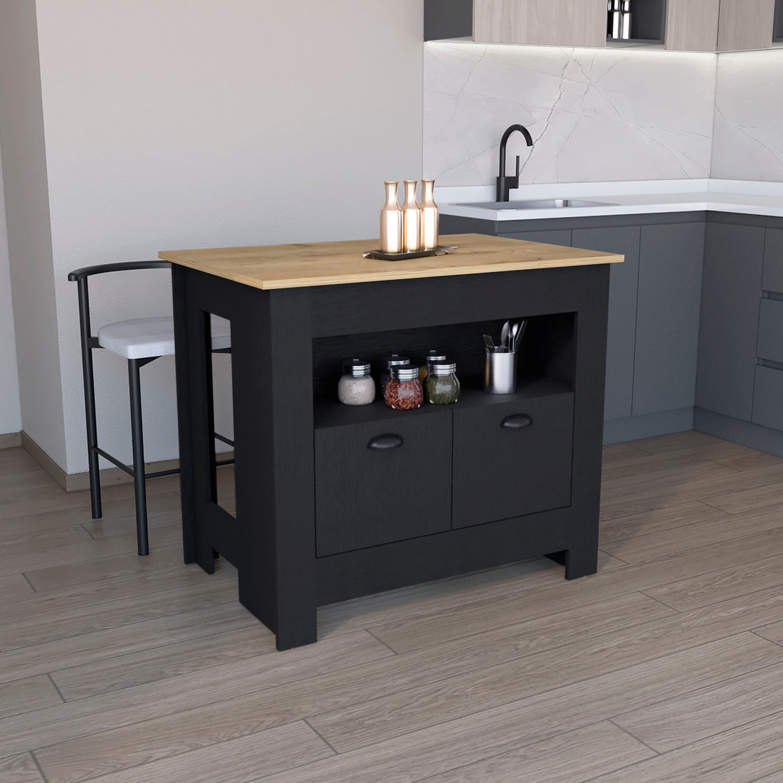 Floyd Kitchen Island 35" H, Whit 2 Doors, 3 Shelves, Black Macadamia Black Solid Wood Mdf Engineered Wood