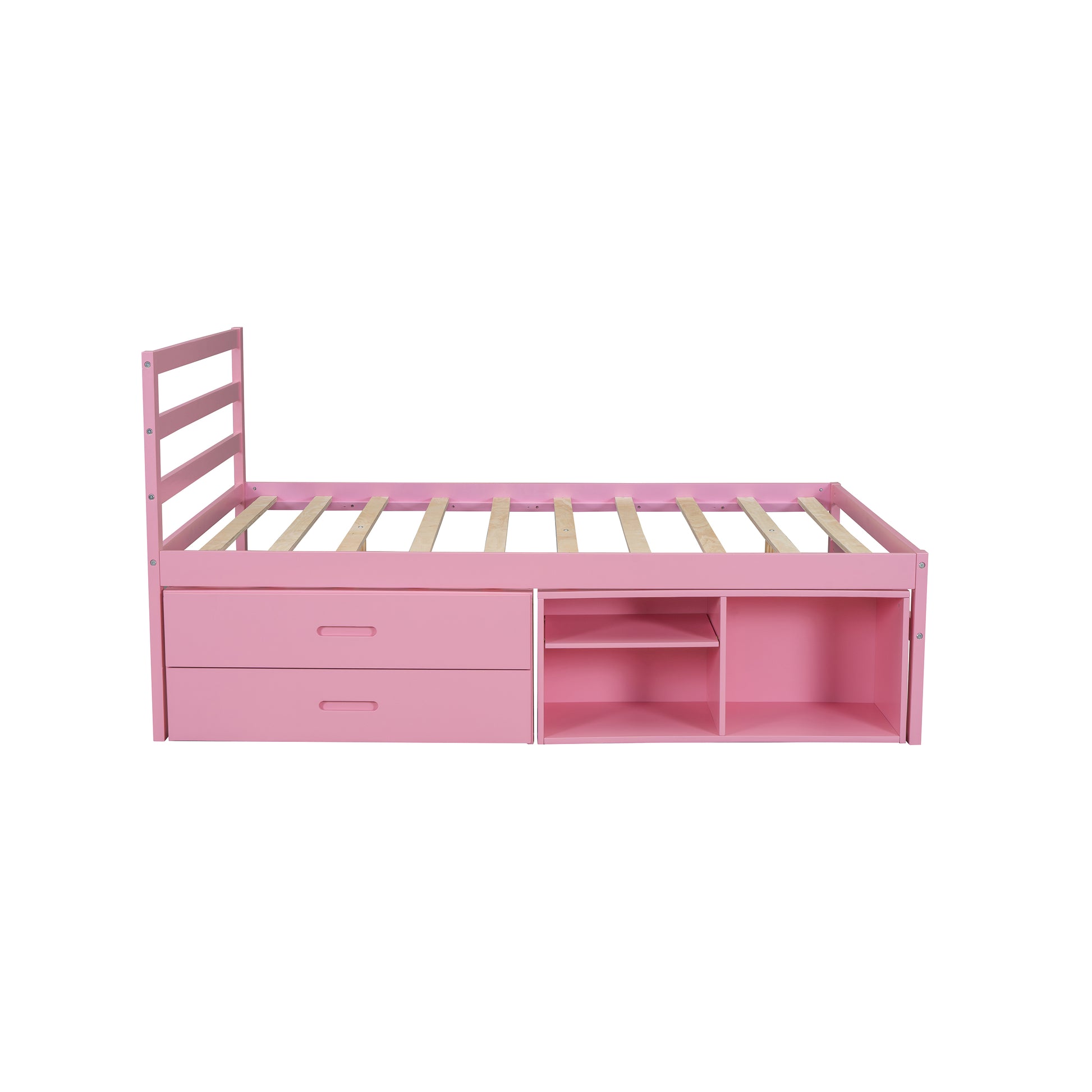 Full Size Wood Platform Bed With Removable Storage Shelves, Built In Two Storage Drawers For Added Convenience, Pink Full Pink Wood