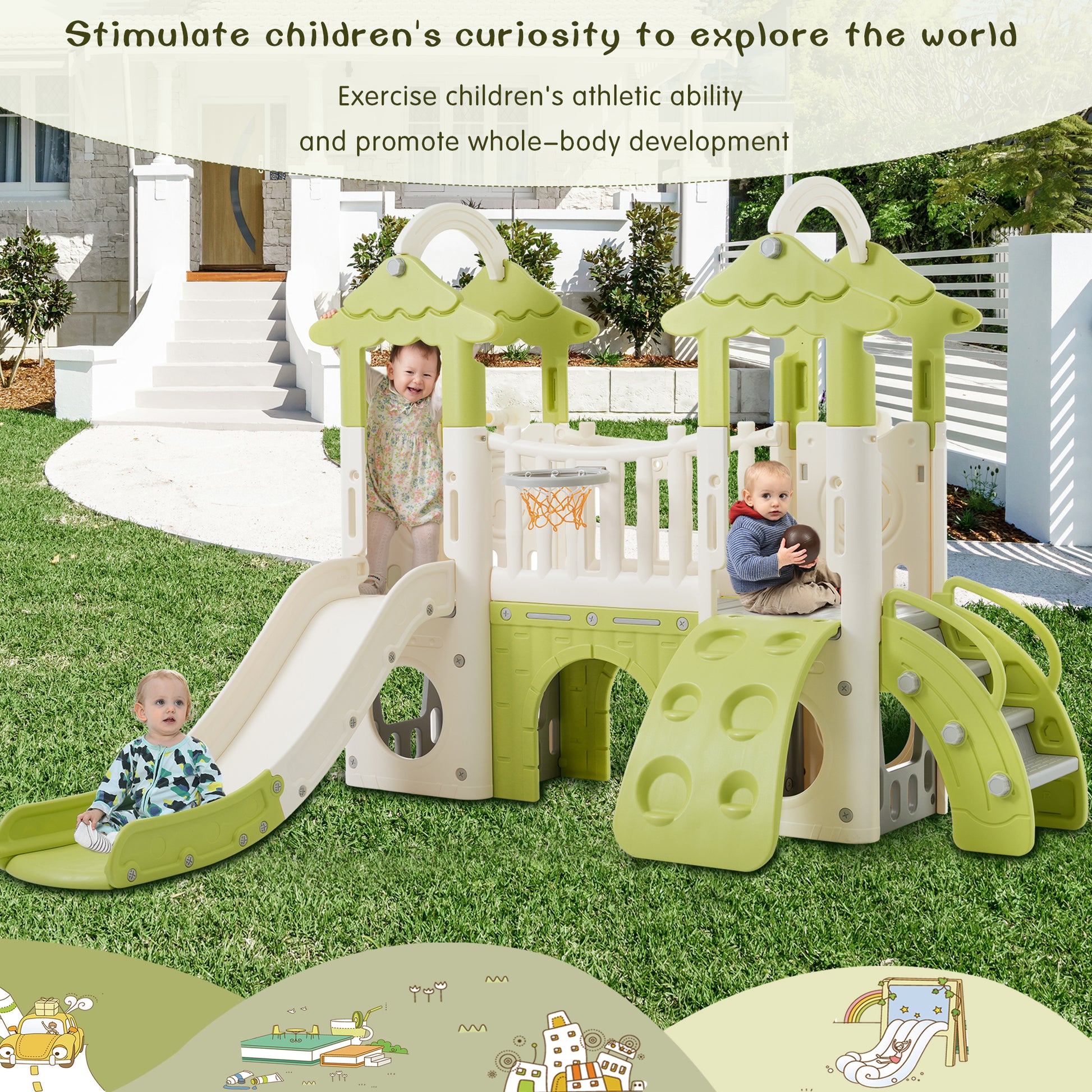 8 1 Toddler Climber And Slide Set,Kids Slide For Toddlers Age 1 , Kids Playground Climber Freestanding Slide Playset With Basketball Hoop, Play Combination For Babies,Indoor& Outdoor Green 150 199 Lbs Cute 1 To 2 Years Hdpe Indoor & Outdoor Use