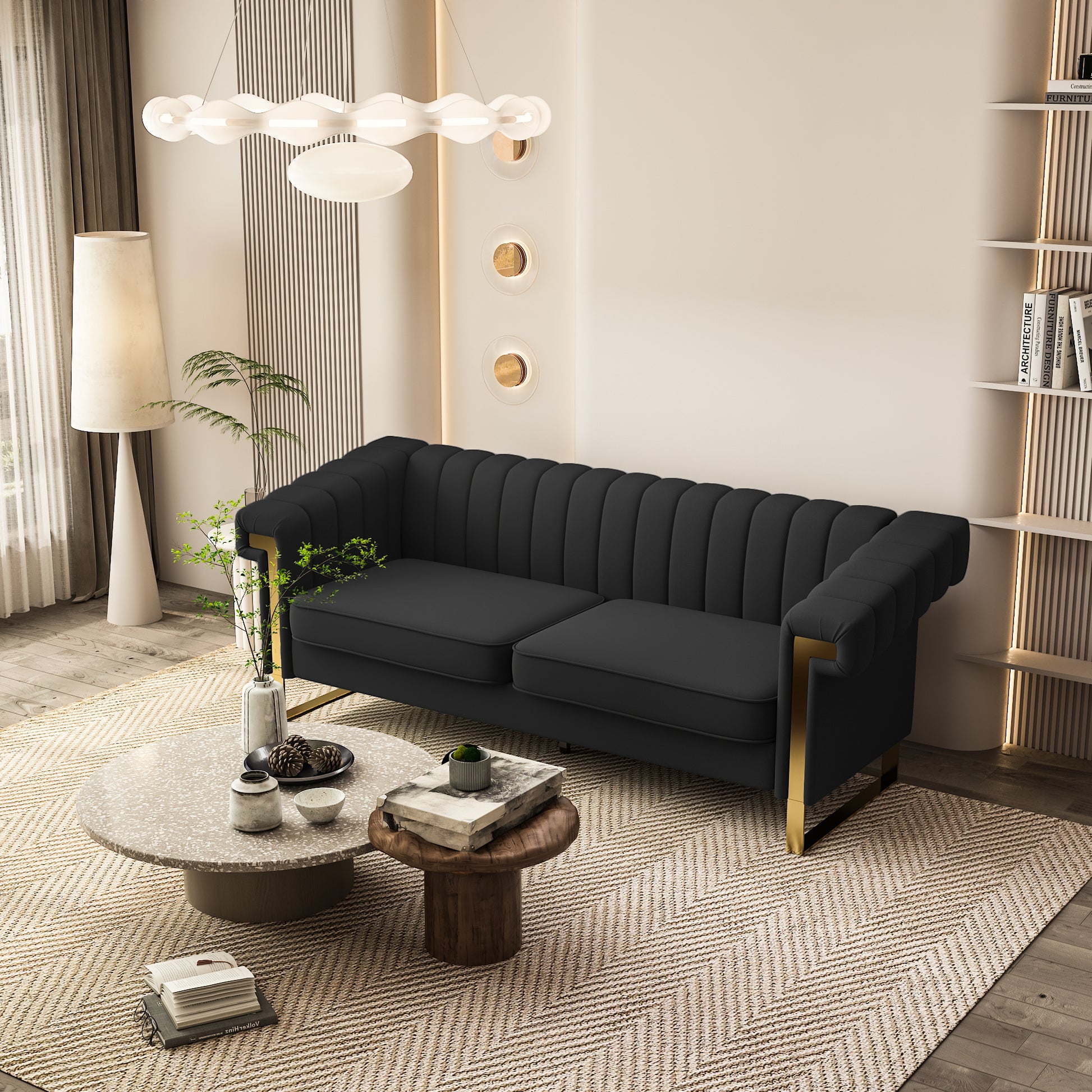 Fx P81Pu Bk Sofa 84.65Inch Fashionable Sofa For Livingroom And Office Room 3S Sofa Temu Suitable Black Pu 2 Seat