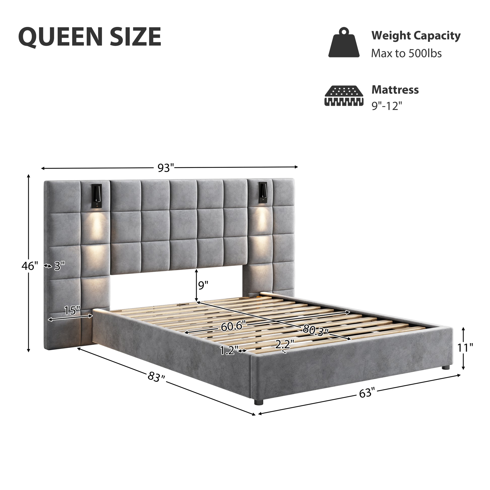 Upholstered Queen Bed,With Reading Lamp And Usb Port, Wide Headboard,Without Bedside Tables And Mattress, Velvet, Grey Queen Grey Wood Foam,Upholstered,Velvet