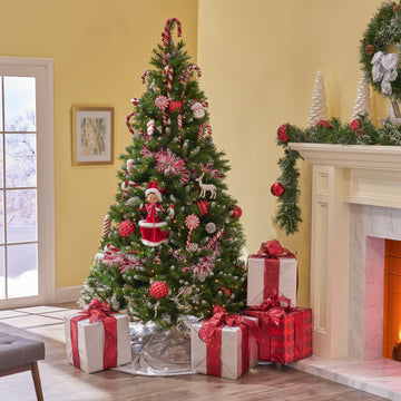 7.5' Mixed Frosted Hinged Tree With 56Frosted Pine Cones And 28Red Berry And 550Clear Lights,Dia:55 Green Pvc