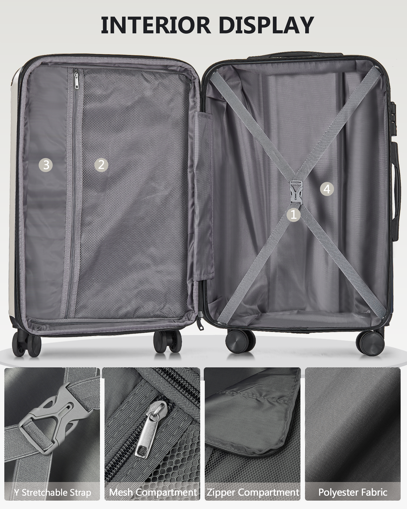 3 Piece Luggage Set With Tsa Lock& Double Spinner Wheels, Expandable For Large Storage Off White Abs