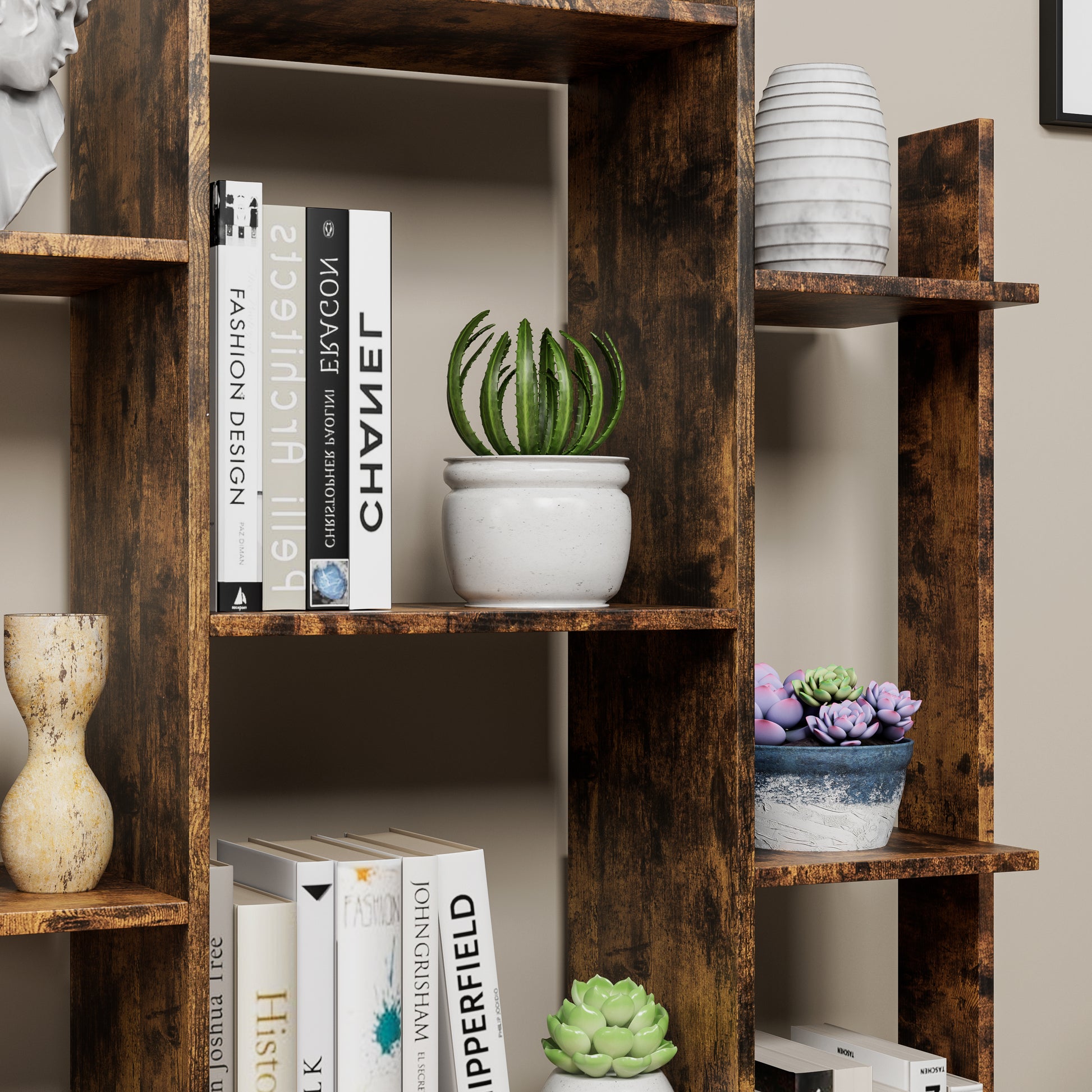 Bookshelf With 2 Drawers, Industrial Freestanding Open Display Shelving, Vintage Open Bookcase, 12 Storage Shelves, Book Case For Bedroom, Living Room, Home Office, Rustic Brown Deep Rustic Brown Metal