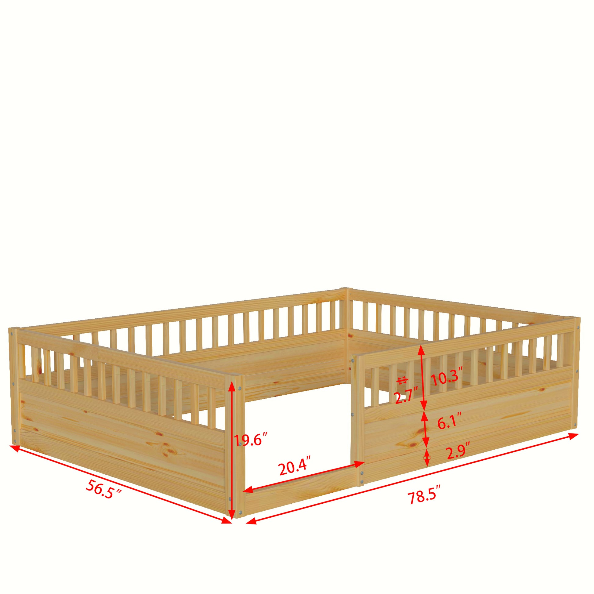 Full Floor Bed Frame With Fence, Wood Kids Floor Beds Frame For Bedroom Playroom,Natural Expect Arrive Date Jul. 10Th Full Natural Pine