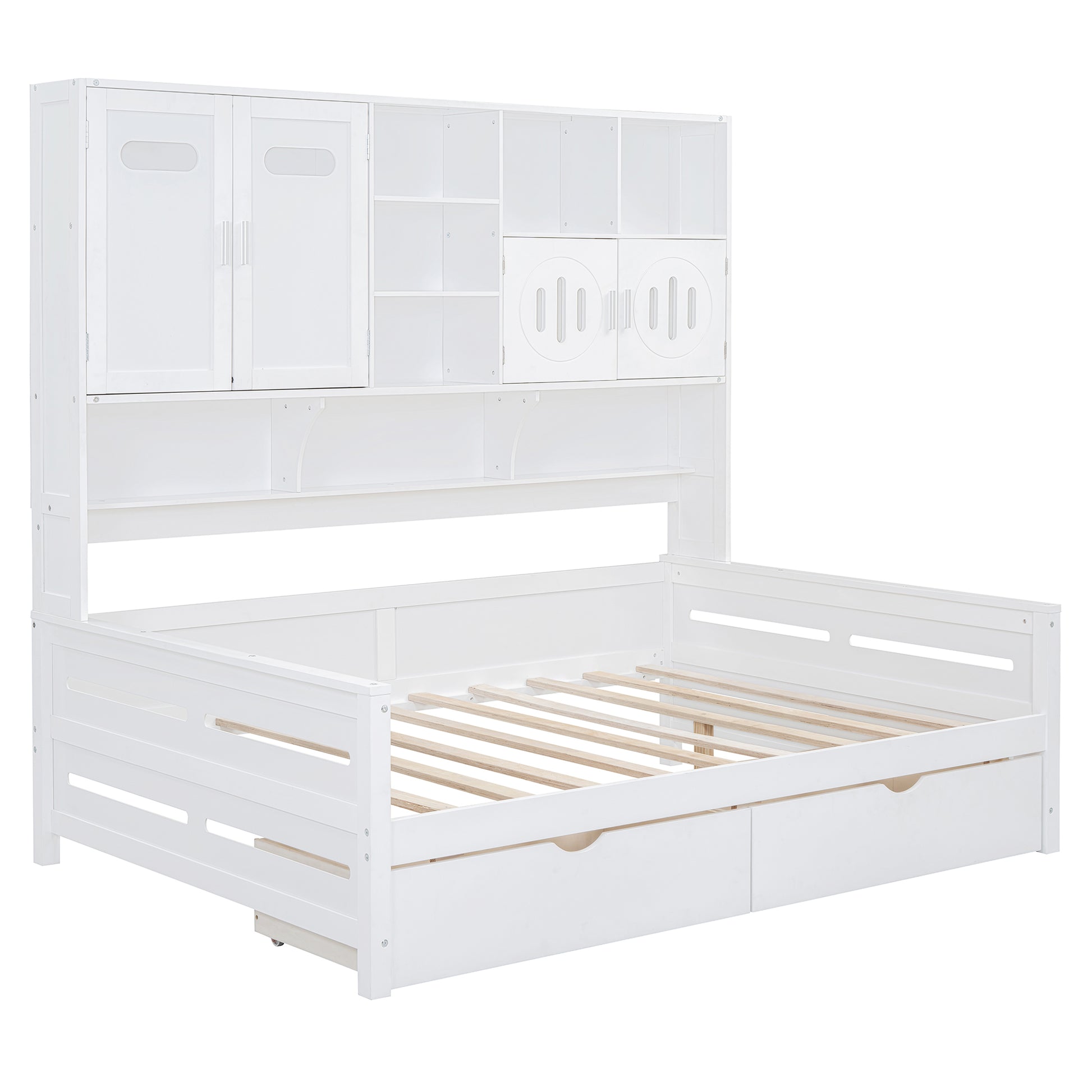 Full Size Wooden Daybed With 2 Drawers, And All In One Cabinet And Shelf, White Full White Wood