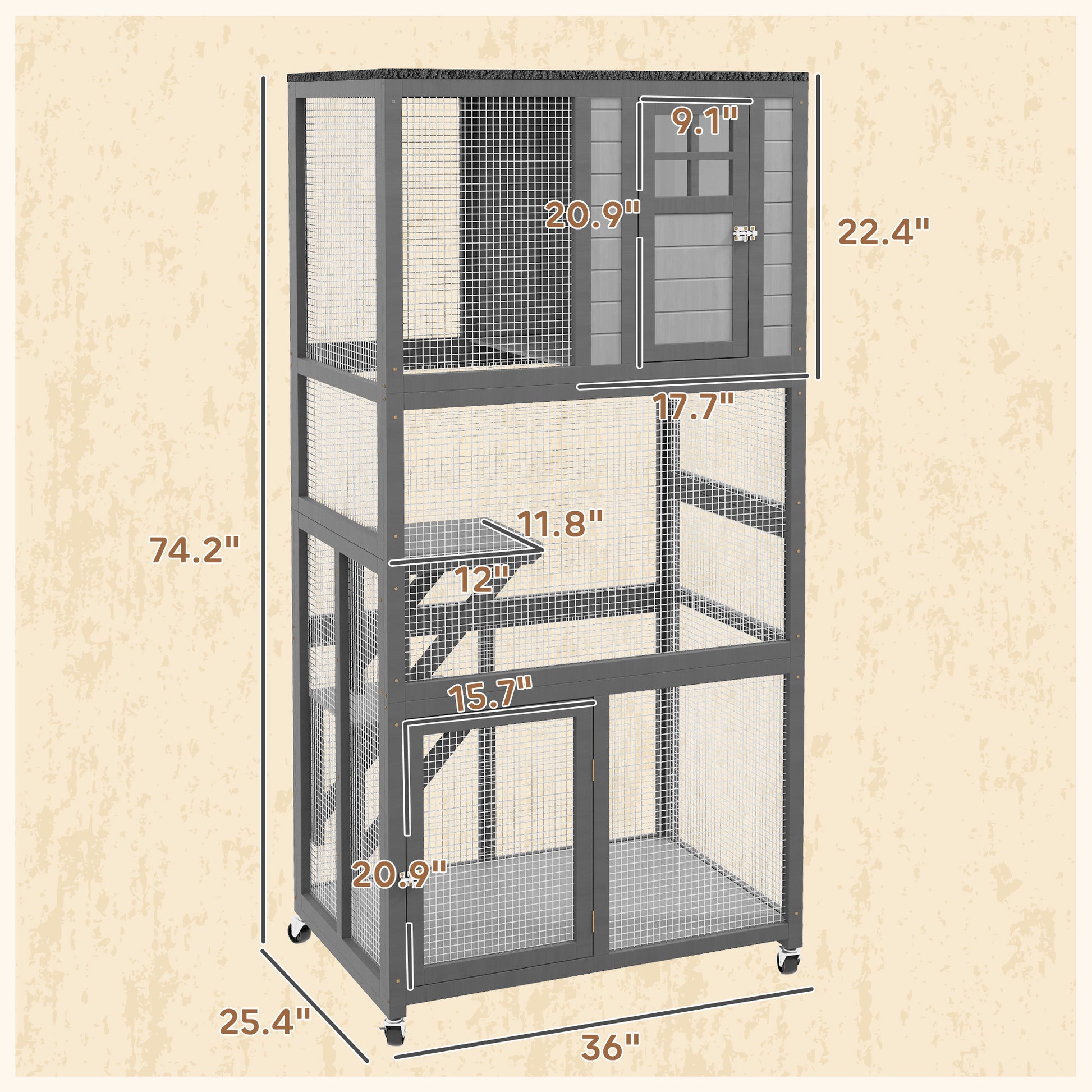 Pawhut 74" Wooden Catio Outdoor Cat House Weatherproof & Wheeled, Outside Cat Enclosure With High Weight Capacity, Kitten Cage Condo, Light Gray Light Gray Steel