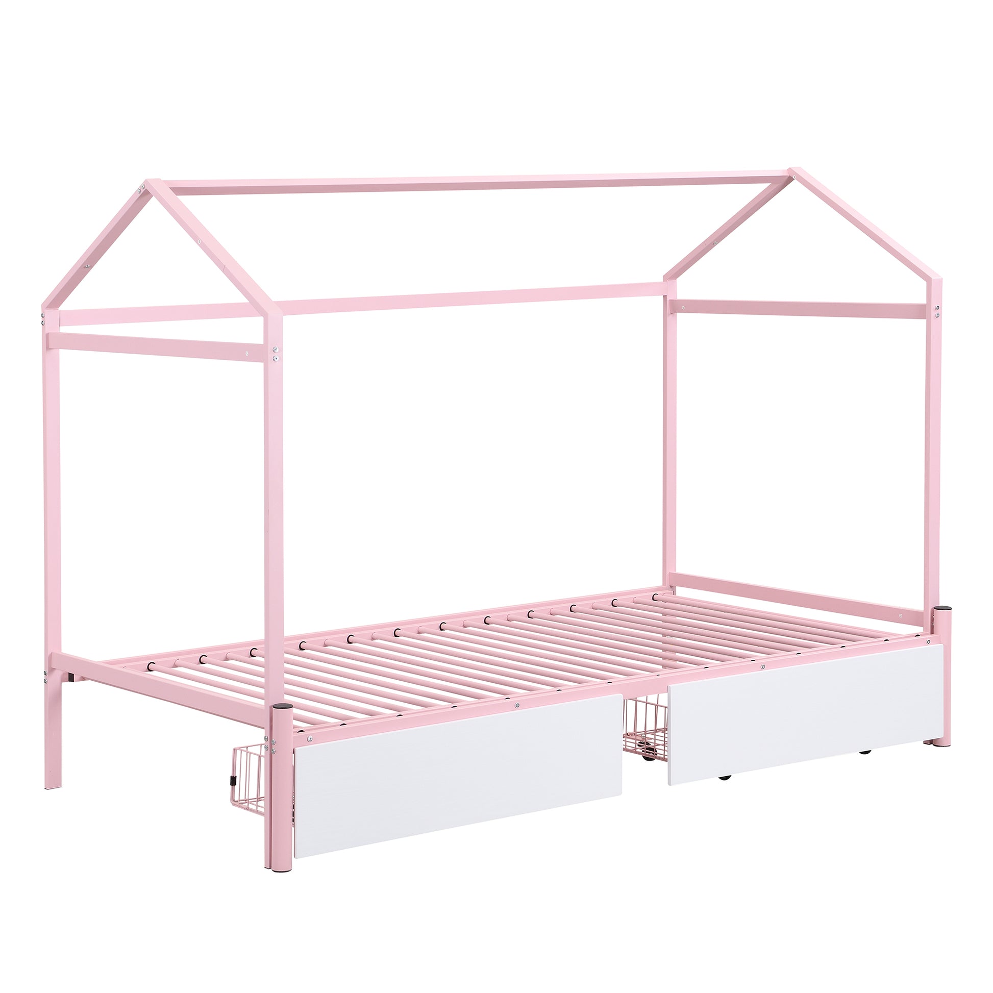 Twin Xl To King Metal Twin Size House Platform Bed With 2 Drawers, Pink Box Spring Not Required Twin Xl Pink Metal Bed Frame Metal