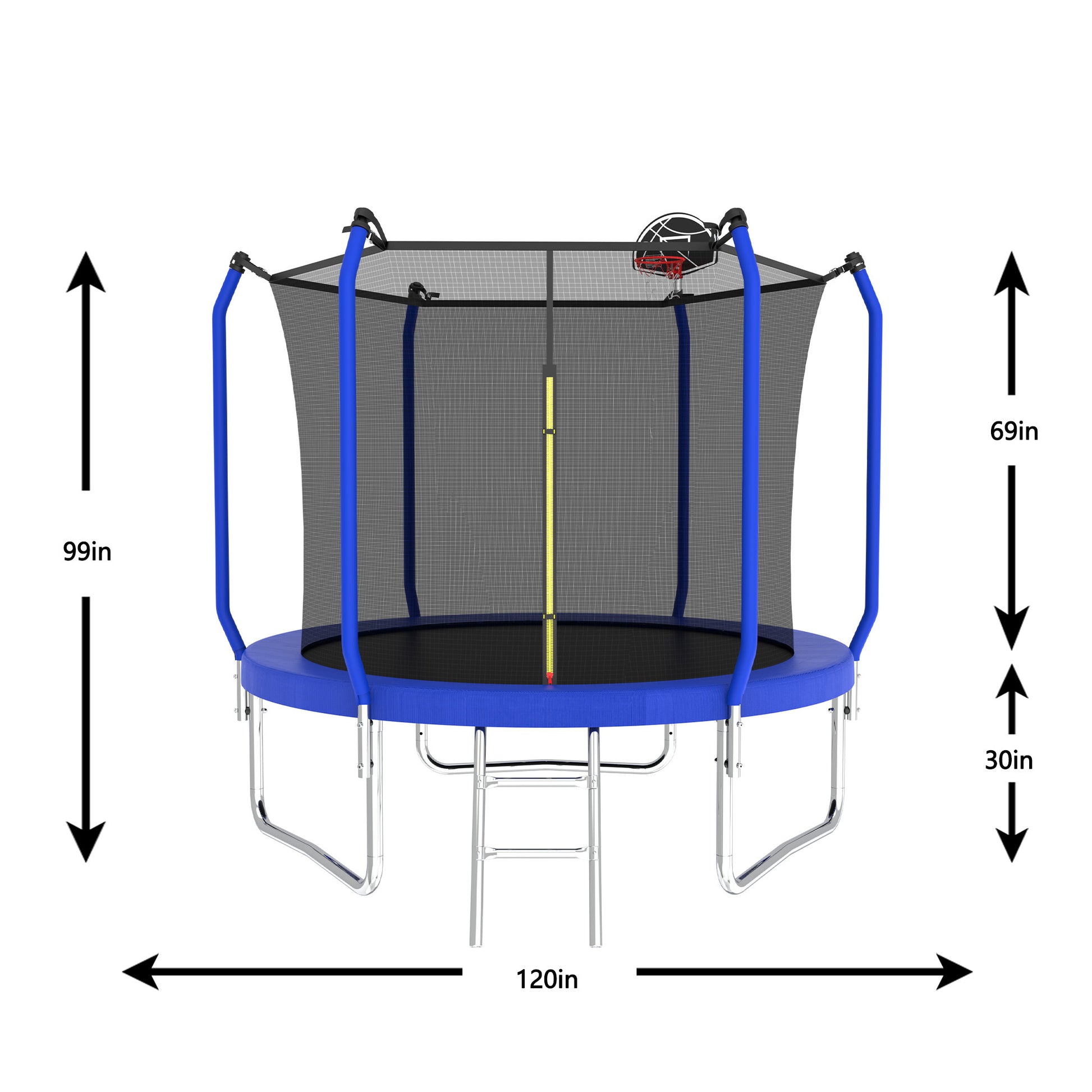 10Ft Trampoline With Basketball Hoop, Astm Approved Reinforced Type Outdoor Trampoline With Enclosure Net Blue Steel