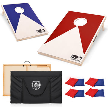 Gosports Solid Wood Premium Cornhole Set 3 Feet X 2 Feet Game Boards, Includes Set Of 8 Corn Hole Toss Bags Blue Red Wood