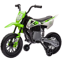 Qaba Kids Dirt Bike With Twist Grip Throttle, 12V Electric Motorcycle, Electric Bike For Toddler With Training Wheels, Rear Suspension & Music For Ages 3 6 Years, Green Green Plastic