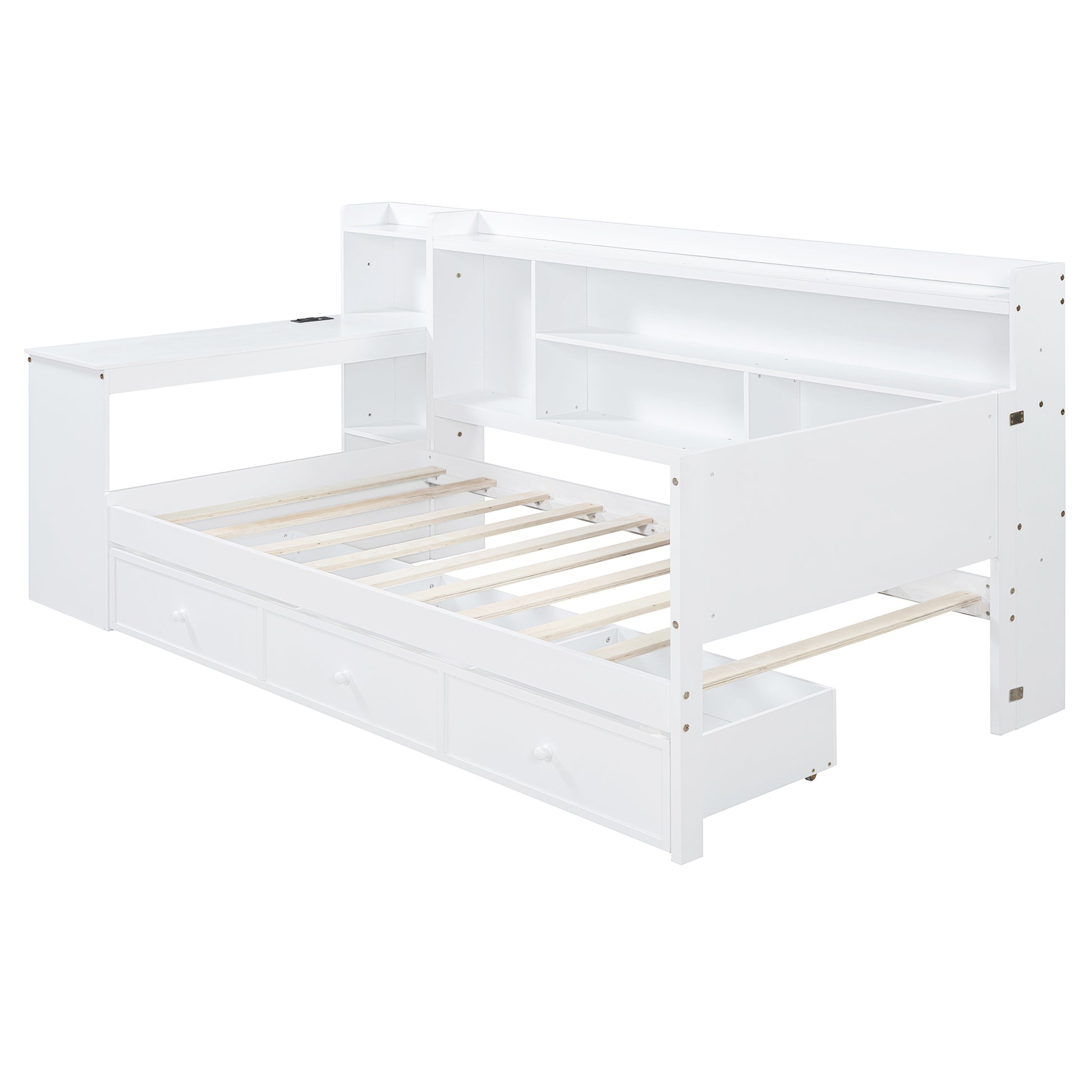 Twin Size Wooden Daybed With 3 Drawers, Usb Ports And Deskwhite Twin White Wood