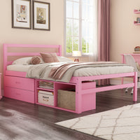 Full Size Wood Platform Bed With Removable Storage Shelves, Built In Two Storage Drawers For Added Convenience, Pink Full Pink Wood