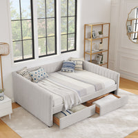 Queen Size Daybed With Two Drawers Trundle Upholstered Sofa Bed, With Vertical Stripes, Linen Fabric, Beige 86.5"X65"X30" Beige Linen