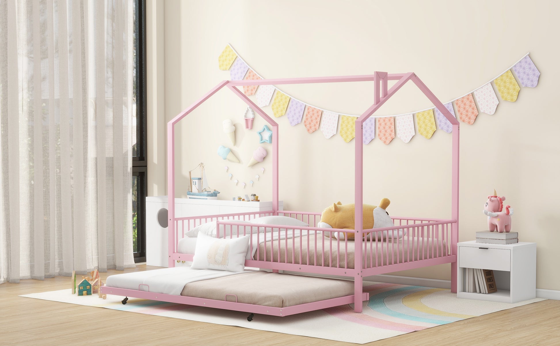 Full Size Metal House Bed With Fence, With Trundle, Pink Full Pink Metal