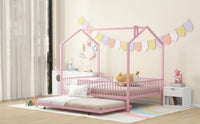 Full Size Metal House Bed With Fence, With Trundle, Pink Full Pink Metal