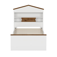 Twin Size House Shaped Wooden Bed With Storage Shelf On The Headboard, Built In Two Storage Drawers, Brown Brown White Wood