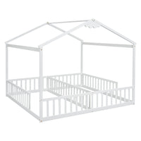 Double Twin House Style Floor Bed With Fence, Guardrails, Without Door, White Twin White American Design Pine