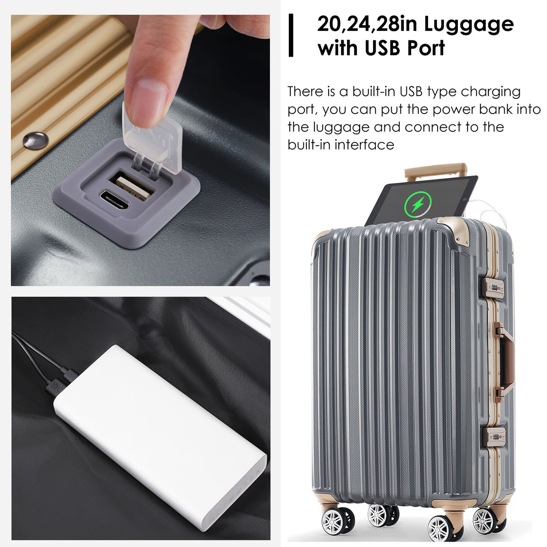 1Pc 20In Aluminum Frame Luggage With Usb Port, Vacation Carry On Suitcase With Spinner Wheels And Tsa Lock, Travel Trolley Case For Short Business Trips, Beach Holidays, Dark Grey Dark Gray Abs Pc