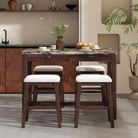 3 Piece Modern Faux Marble Versatile Bar Table Set With Storage Drawers And Padded Stools, Ideal For Space Saving Dining Nooks Or Small Kitchens Walnut Walnut Solid Wood Mdf