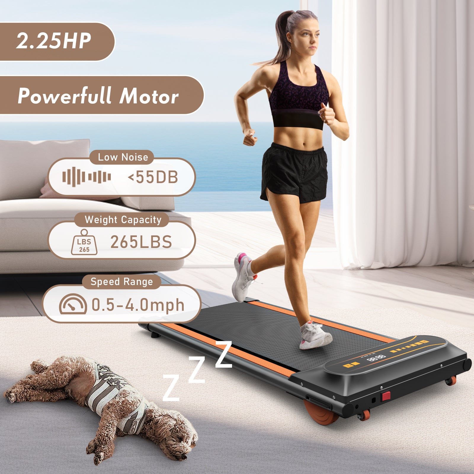 Walking Pad Running Machine Walking Machine For Home Under Desk Treadmill With Led Display And 12 Preset Programs 2.25Hp Portable Treadmill Jogging Machine For Office Small Space Black Orange Steel