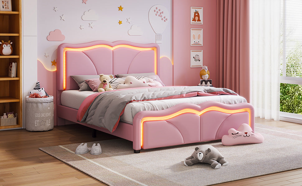 Full Size Upholstered Platform Bed With Curve Shaped And Height Adjustbale Headboard,Led Light Strips,Pink Full Pink Upholstered