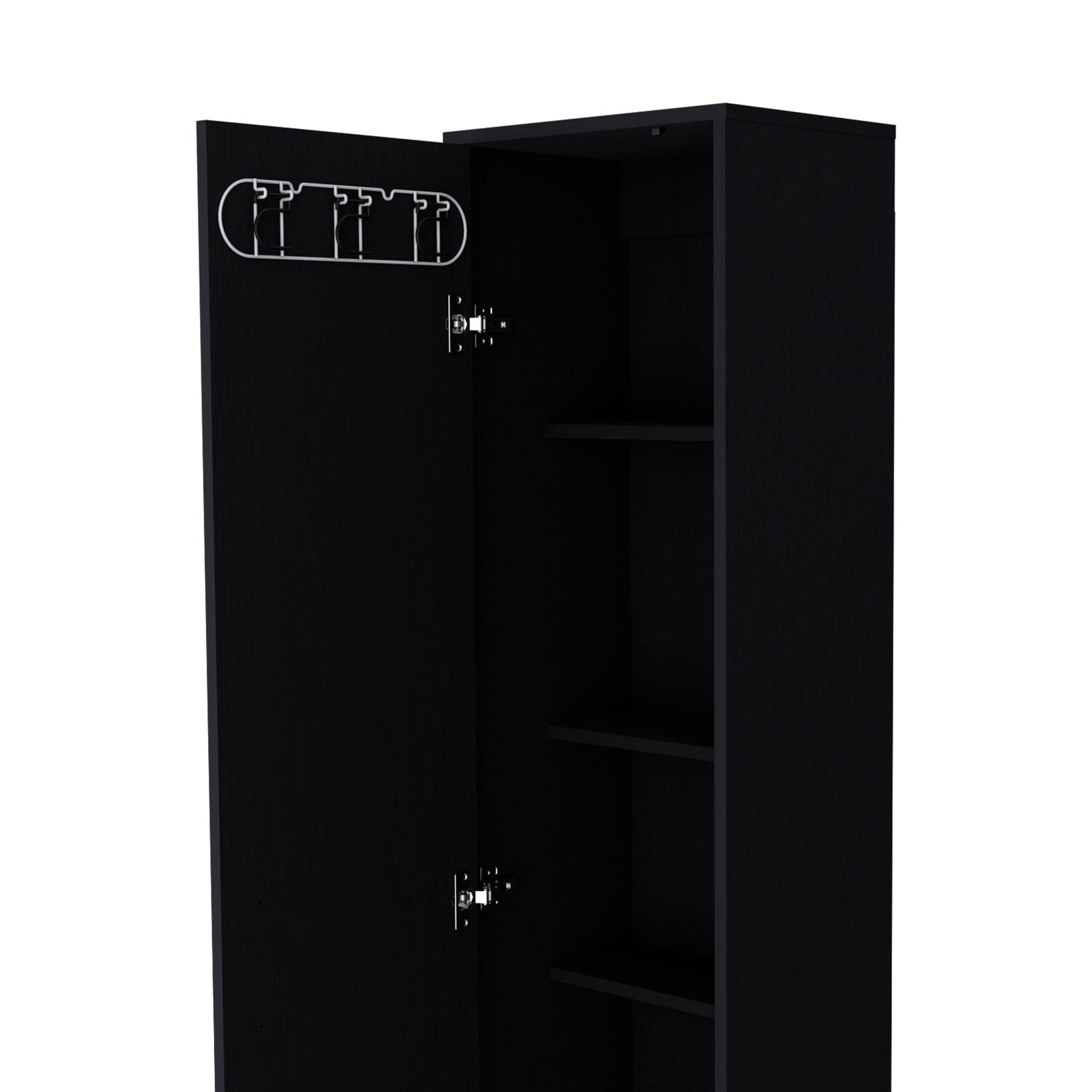 Lawen Tall Storage Cabinet, Single Door, 3 Broom Hangers Freestanding 3 4 Spaces Black Dining Room Contemporary Particle Board Melamine