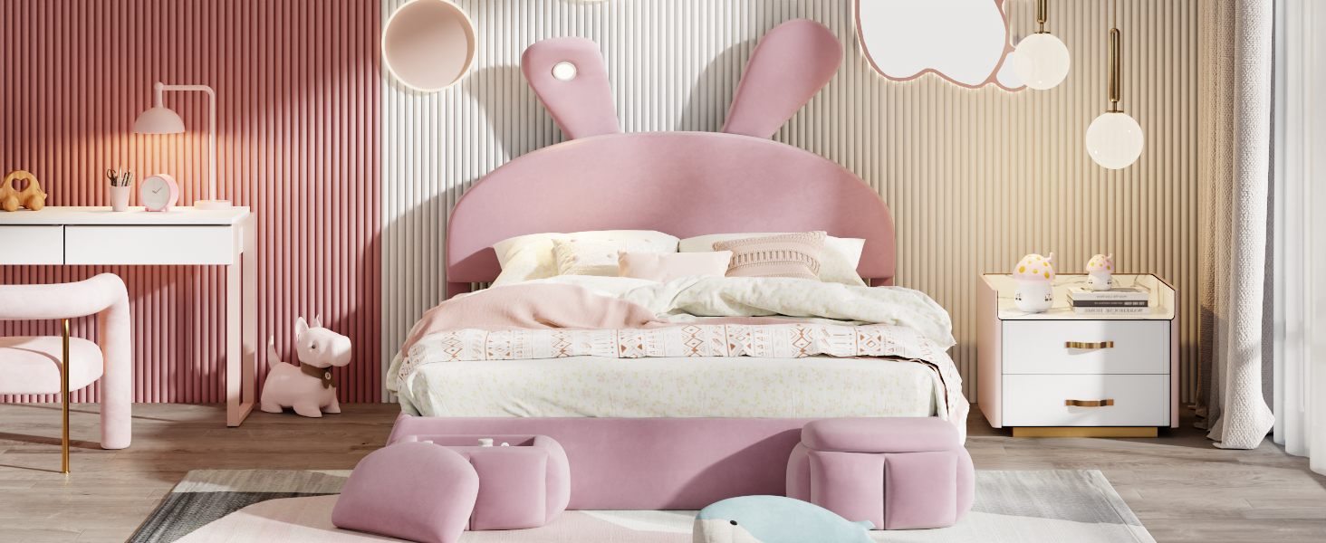 Full Size Upholstered Platform Bed With Cartoon Ears Shaped Headboard And Light, Pink Box Spring Not Required Full Pink Wood Bedroom Bed Frame Velvet Upholstered