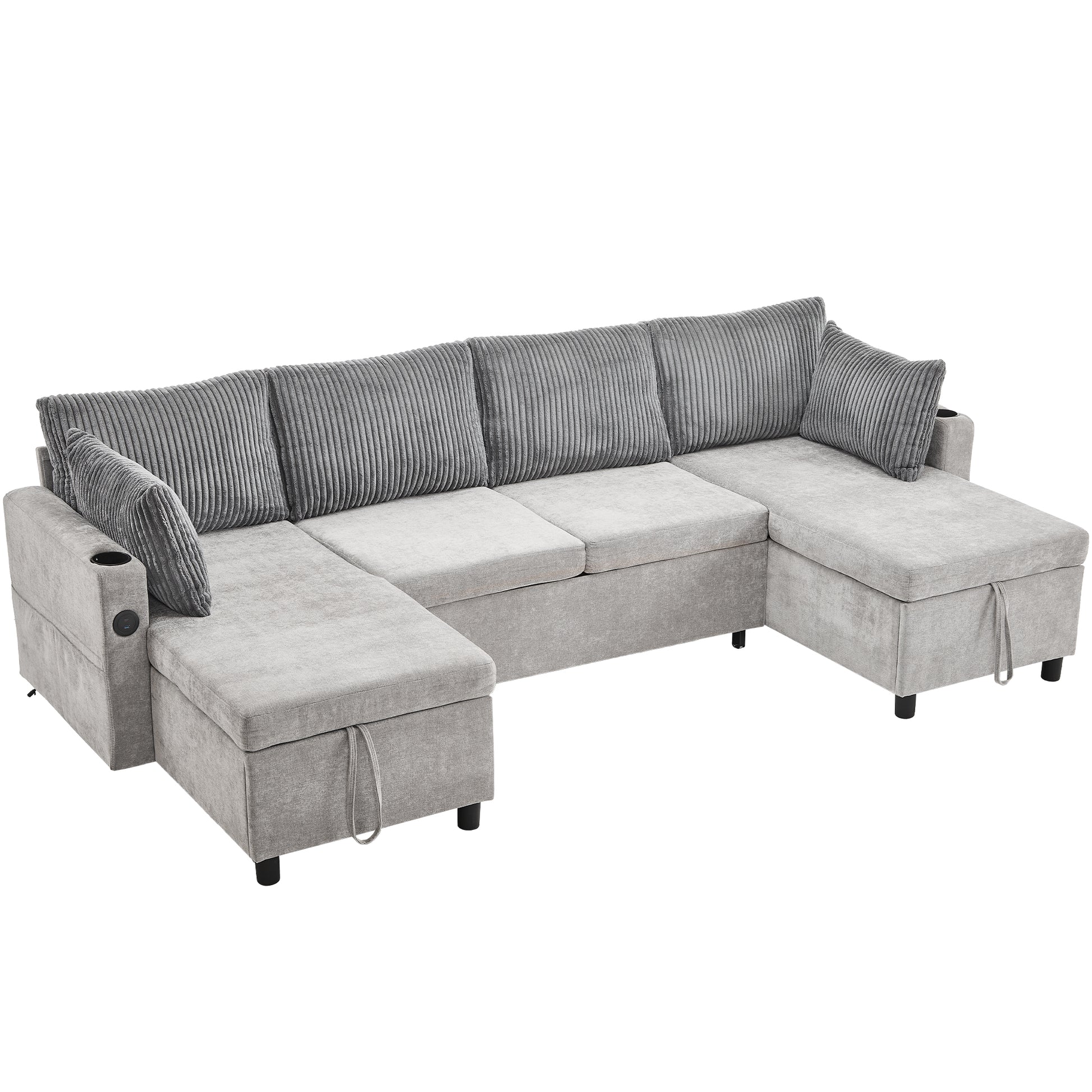 111.8" Sectional Sofa Pull Out Sofa Bed Versatile Sofa Sleeper With Large Storage Space, Two Usb Ports And Two Cup Holders For Living Room, Grey Grey Foam Chenille 4 Seat