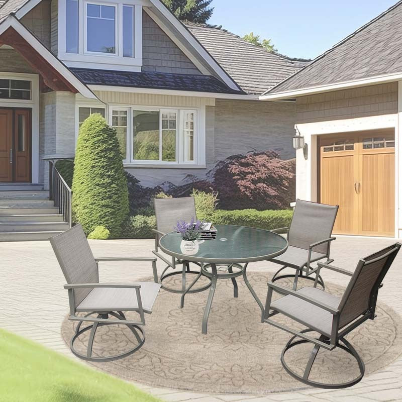 5 Piece Bistro Patio Table And Chairs Set With Tan Pvc Sling Swivel Rocker Chairs And Round Cast Top Outdoor Table, Premium Weather Resistant Outdoor Dining Set For Backyard & Deck No Brown Seats 4 Rust Resistant Frame Garden & Outdoor Classic Complete