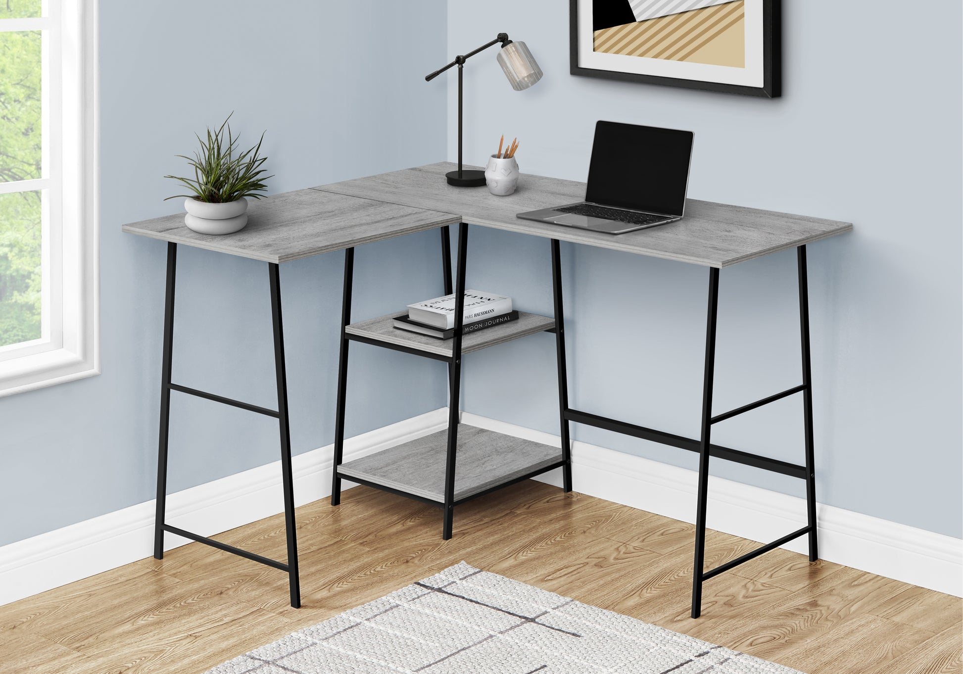 Computer Desk, Home Office, Corner, Storage Shelves, 48"L, L Shape, Work, Laptop, Grey Laminate, Black Metal, Contemporary, Modern Grey Metal