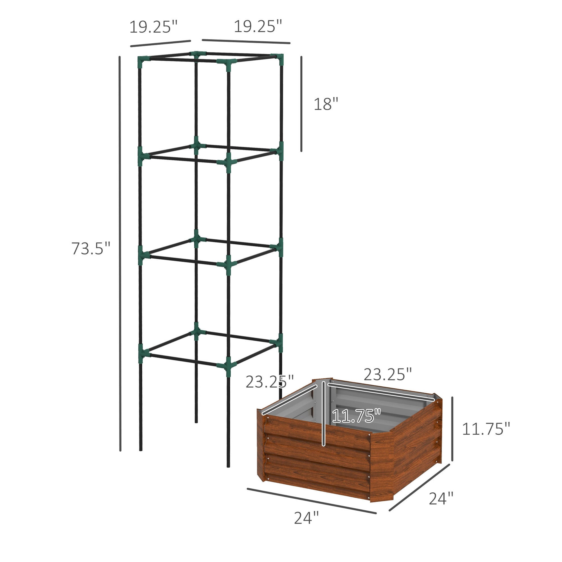 Outsunny Galvanized Raised Garden Bed, 24" X 24" X 11.75" Outdoor Planter Box With Trellis Tomato Cage And Open Bottom For Climbing Vines, Vegetables, Flowers In Backyard, Garden, Patio, Brown Brown Steel