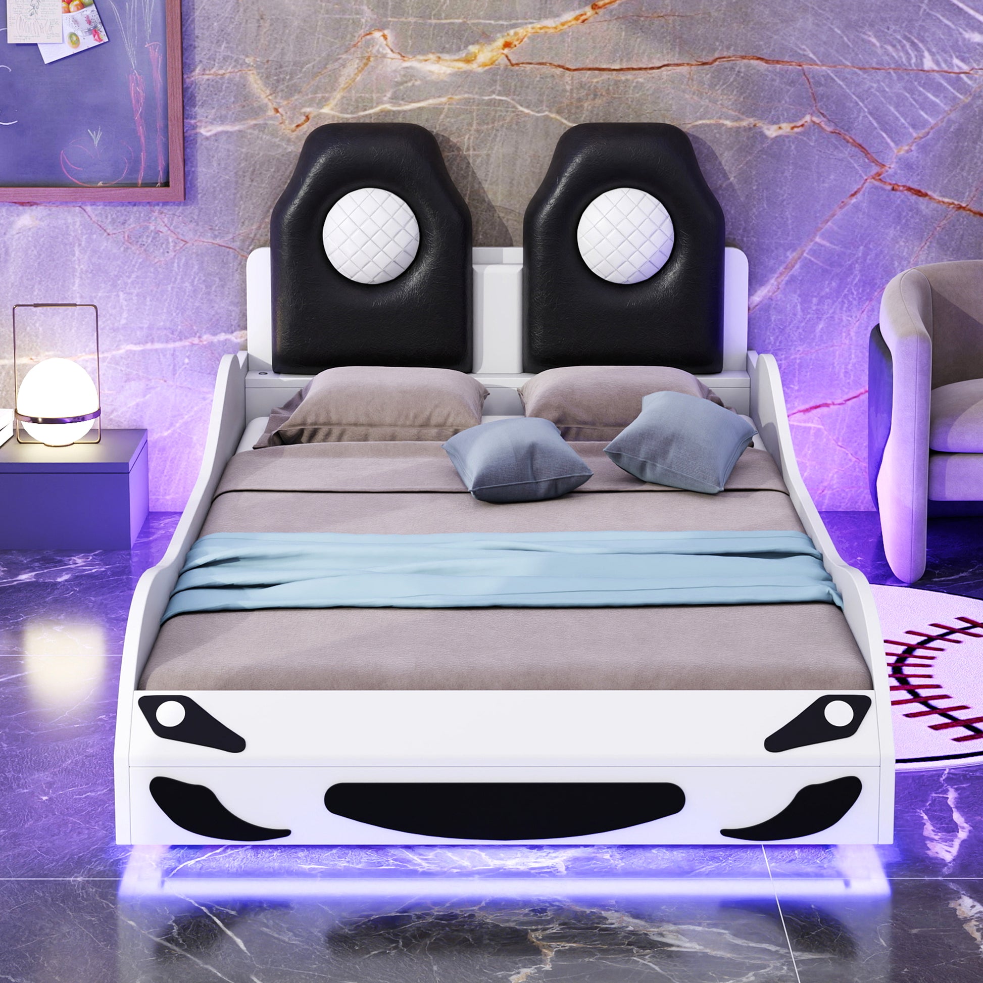 Wood Twin Size Race Car Shaped Platform Bed With Led And Upholstered Backrest, White Expected Arrival Time: 10.28 Box Spring Not Required Twin White Wood Faux Leather,Solid Wood Mdf