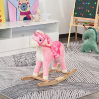 Qaba Rocking Horse, Kids Ride On Horse Unicorn Design With Wooden Base, Tail Wag & Sounds For Toddlers 3 6 Years Old, Pink Pink Plush