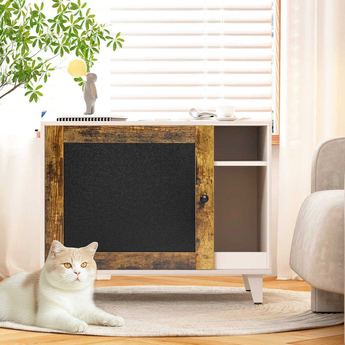 Litter Box Enclosure,Modern Hidden Cat Litter Box Enclosure Furniture With Scratching Pad For Living Room, White Vintage Color Door Frame White Vintage Particle Board