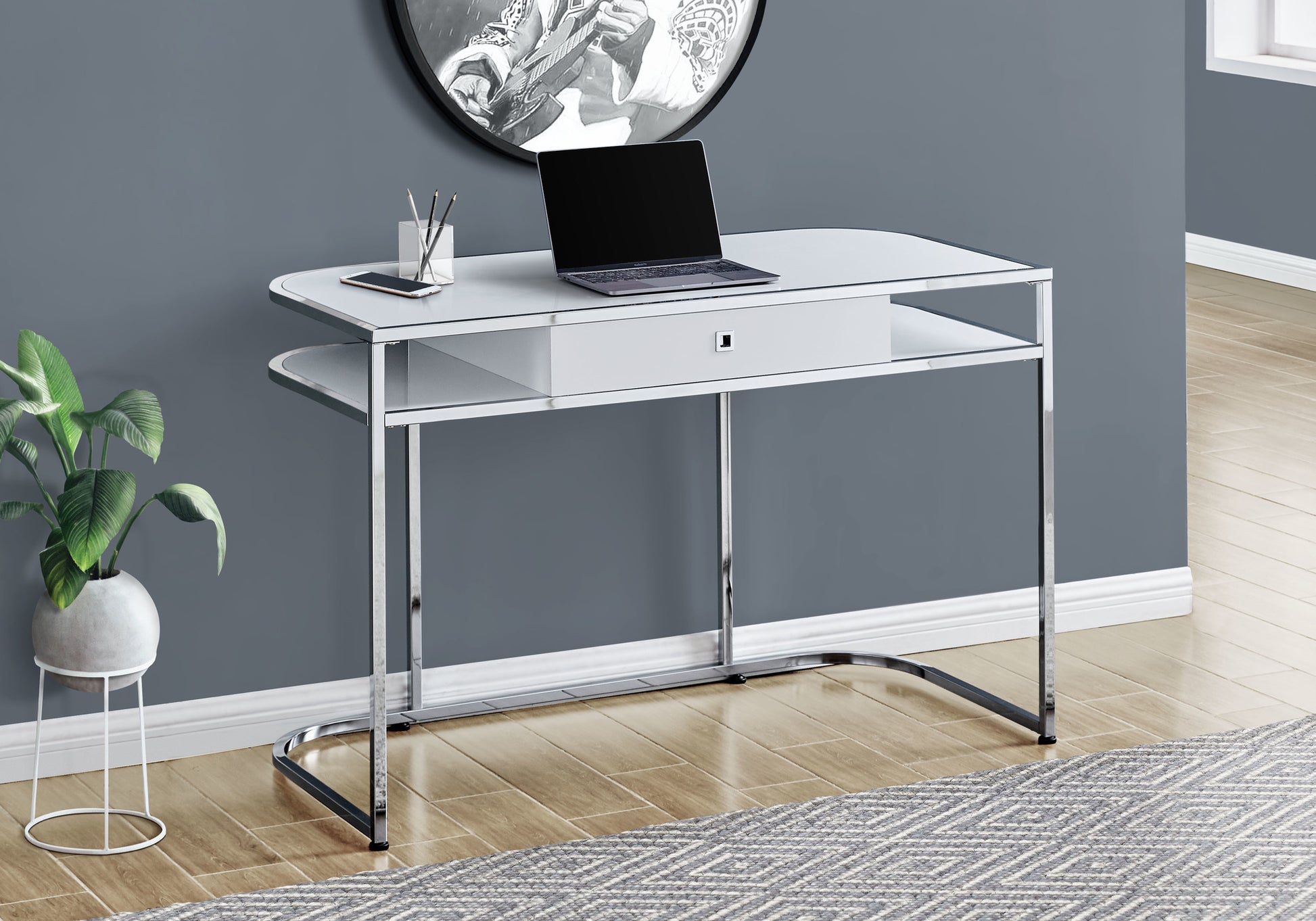 Computer Desk, Home Office, Laptop, Storage Drawers, 48"L, Work, White Laminate, Chrome Metal, Contemporary, Modern White Particle Board